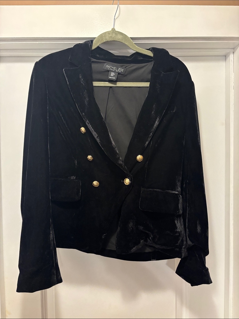 Rachel Zoe Black Velvet Gold-Button Double-Breasted Blazer